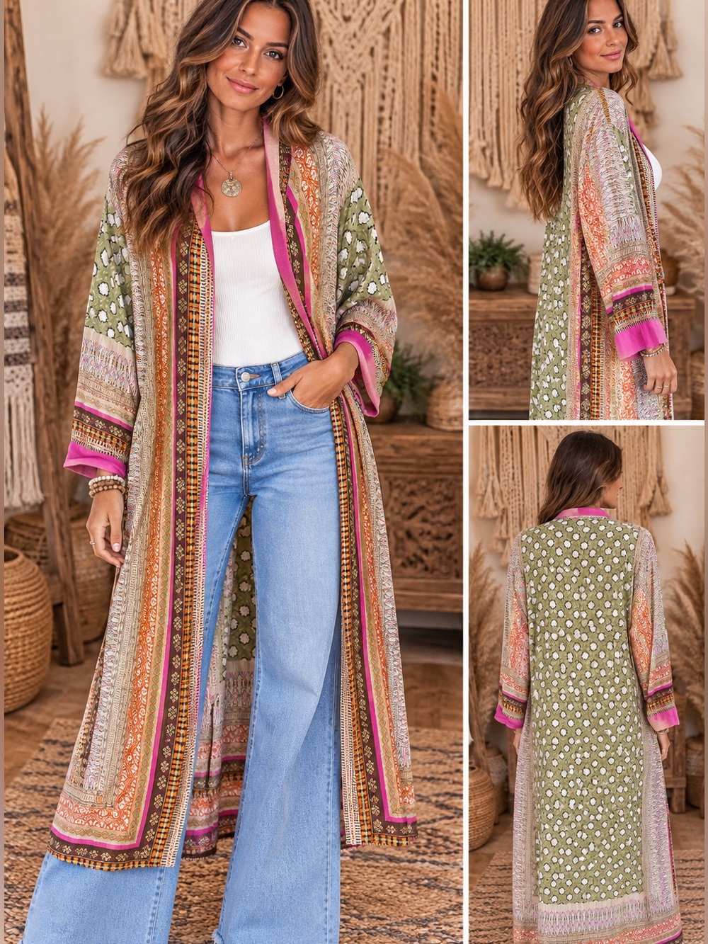 One Hundred Stars Long Open-Front Kimono Cardigan with Pockets - Picture 4 of 9